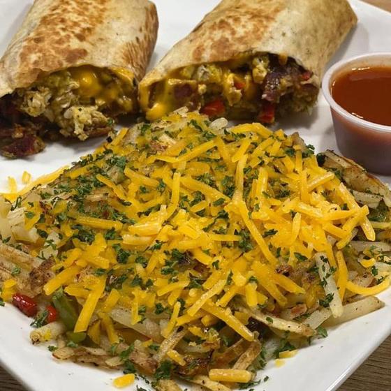 Breakfast burrito with cheesy hashbrowns