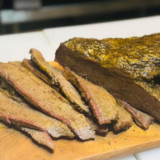 Sliced brisket, bark on