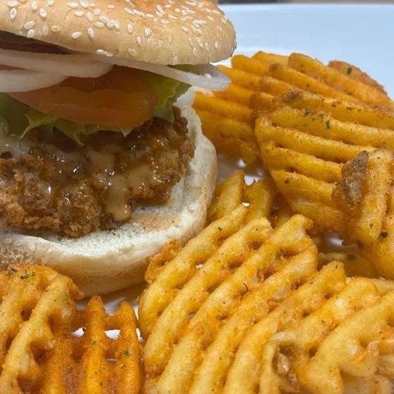 Shiloh's burger with waffle fries