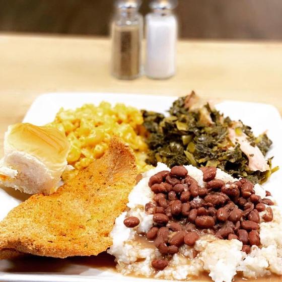Fried catfish with red beans and rice