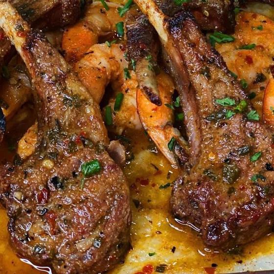 Grilled lamb chops and shrimp