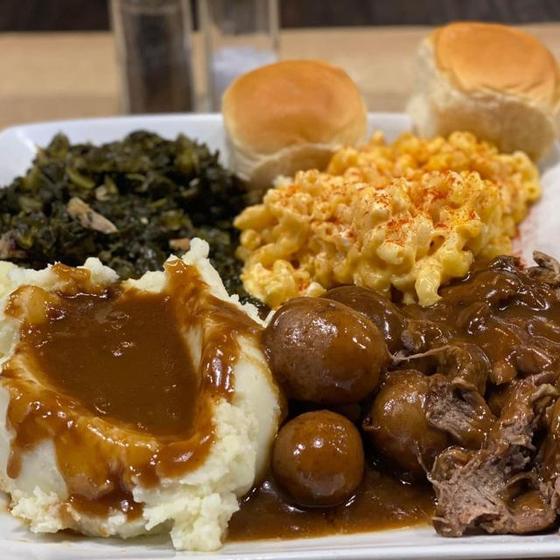 Roast beef, mashed potatoes and gravy, mac & cheese, greens