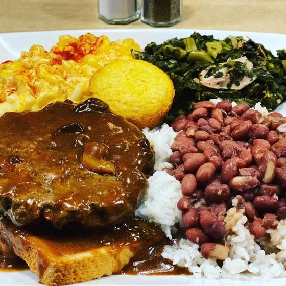 Soul food plate with red beans and rice
