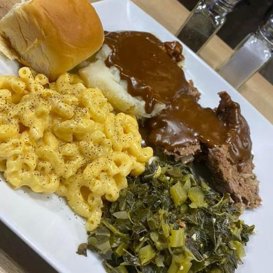 Sunday-style soul food plate: roast beef, mashed potatoes, mac & cheese, greens